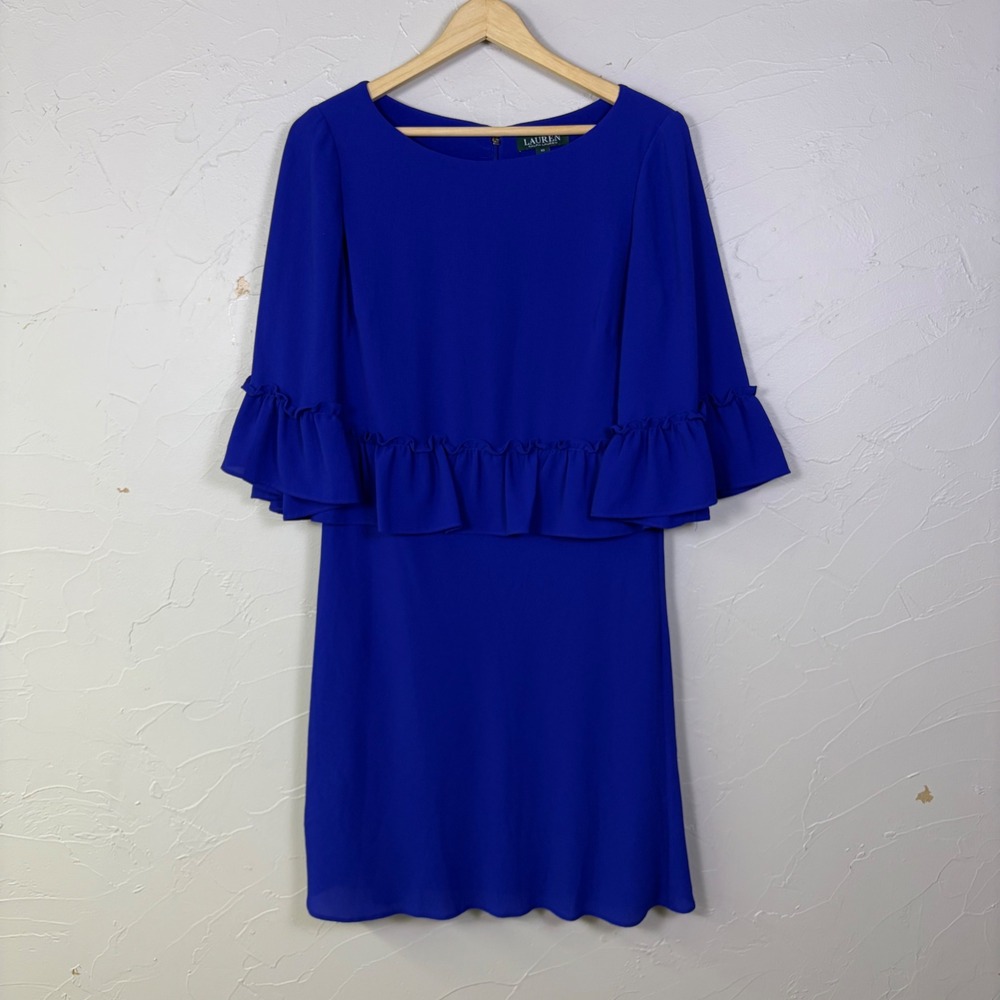 Lauren Ralph Lauren Dress Women 10 Royal Blue Ruffle Bell Sleeve Sheath Preppy
